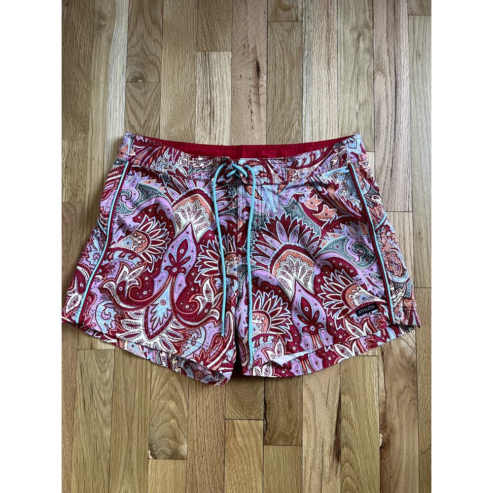 Athleta Women Red Paisley Print Swim Board Shorts Trunk Drawstring (size 4)